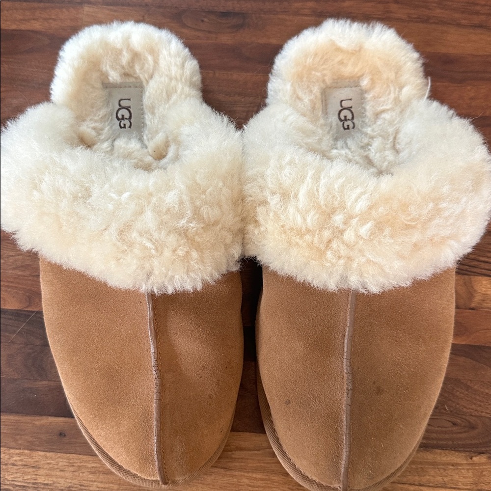 UGG Brown Suede Slippers with Cream Sheepskin